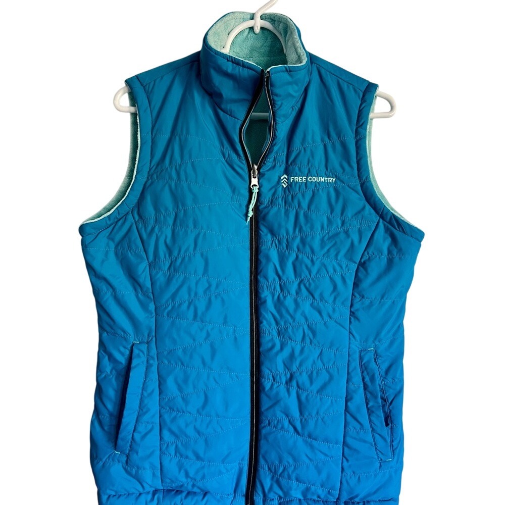 Free Country Womens Blue Reversible Quilted Puffer Fleece Lined Vest Size Medium